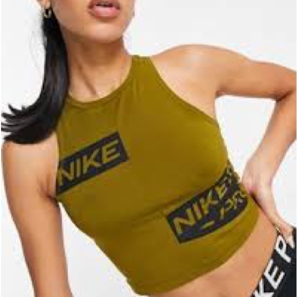 Nike Pro Training Crop Top with Logo Taping - Khaki Green - Picture 3 of 7